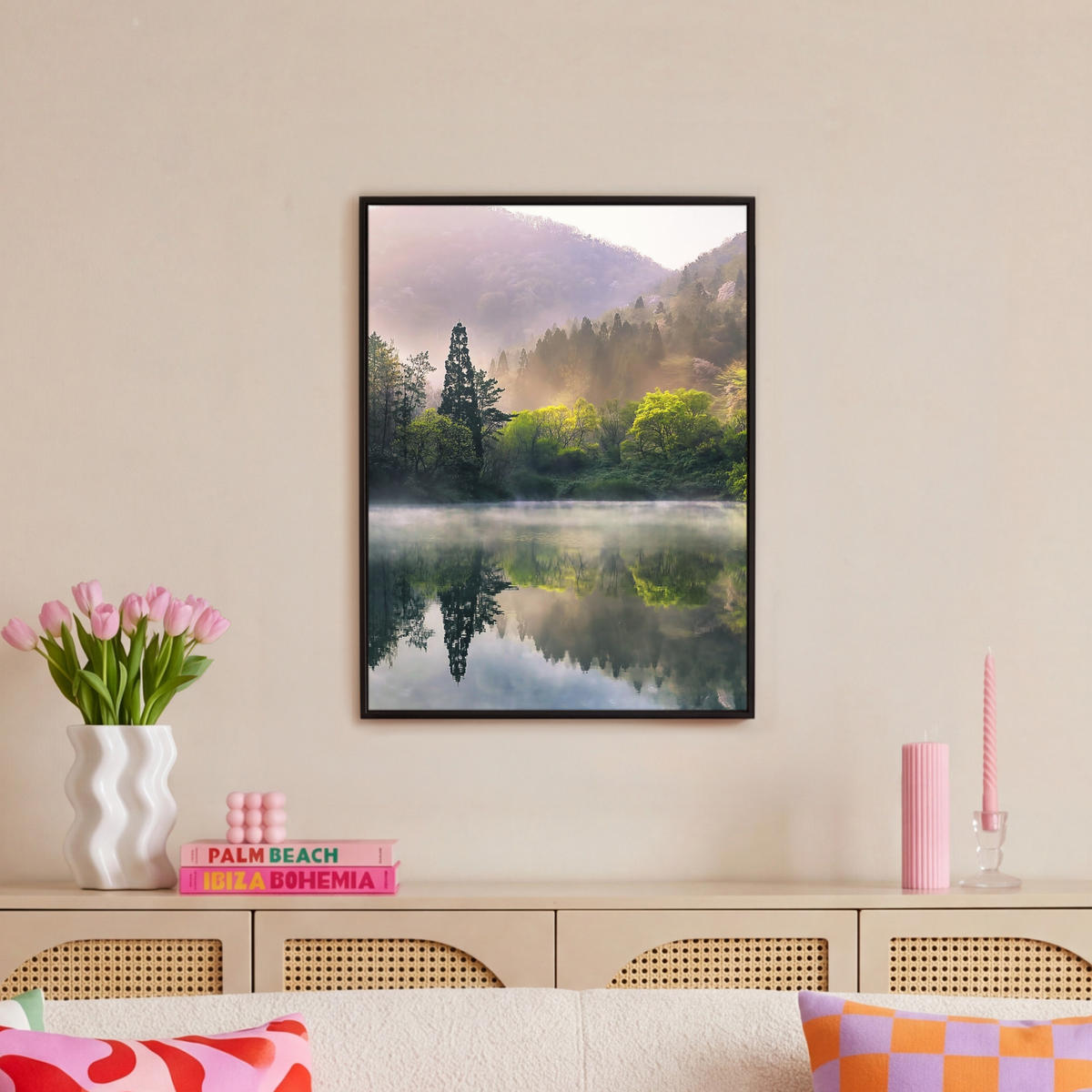 LEINWAND Bilder mit Rahmen - Natur - Bäume - Berge - See - Wasser - 50x70 - Hellgrün, Textil (50/70cm) - MuchoWow