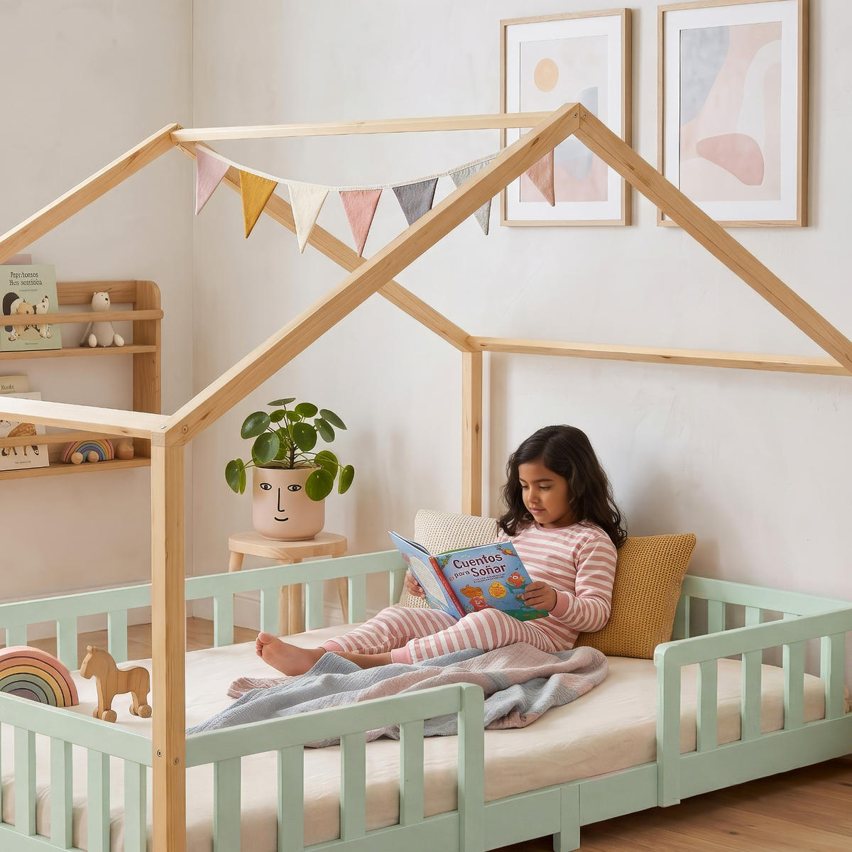HAUSBETT Treviolo - Naturfarben/Mintgrün, Holz (140/200cm) - [en.casa]