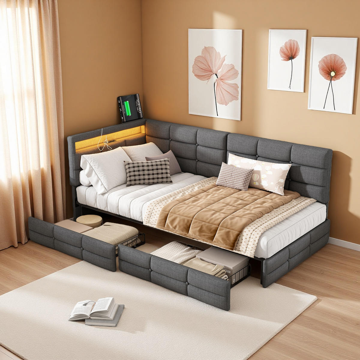 POLSTERBETT 90 x 200 cm, mit USB-Anschluss und LED-Beleuchtung, Einzelbett mit 2 Schubladen, Leinenbezug, grau - Grau, Holz (90/200cm) - WoodenAura