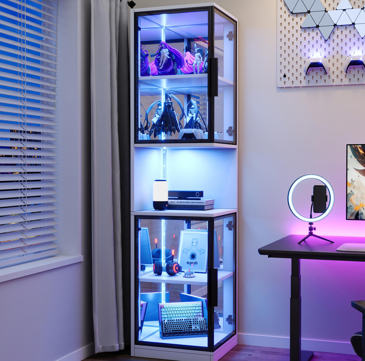 HIGHBOARD mit LED-Beleuchtung 42/44/205 cm – mit 2 Glastüren und Spiegelfront - Weiß, Holzwerkstoff (42/205/44cm) - BEAOK