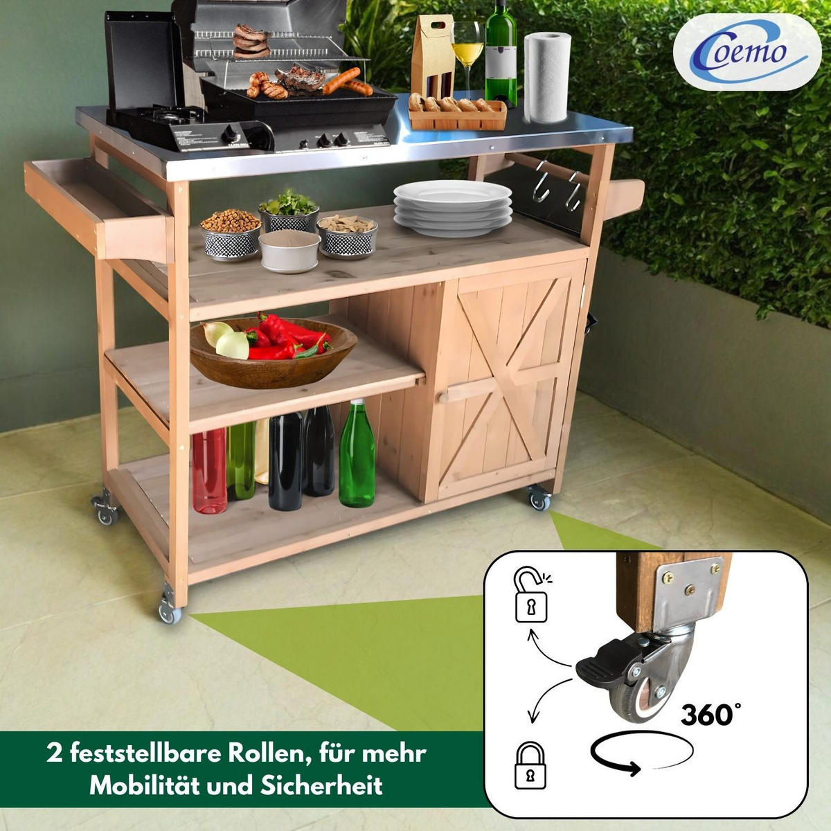 SERVIERWAGEN JAMES Outdoor 118/47/92 cm Farbe Braun - Braun, Holz (47/92/118cm) - Coemo