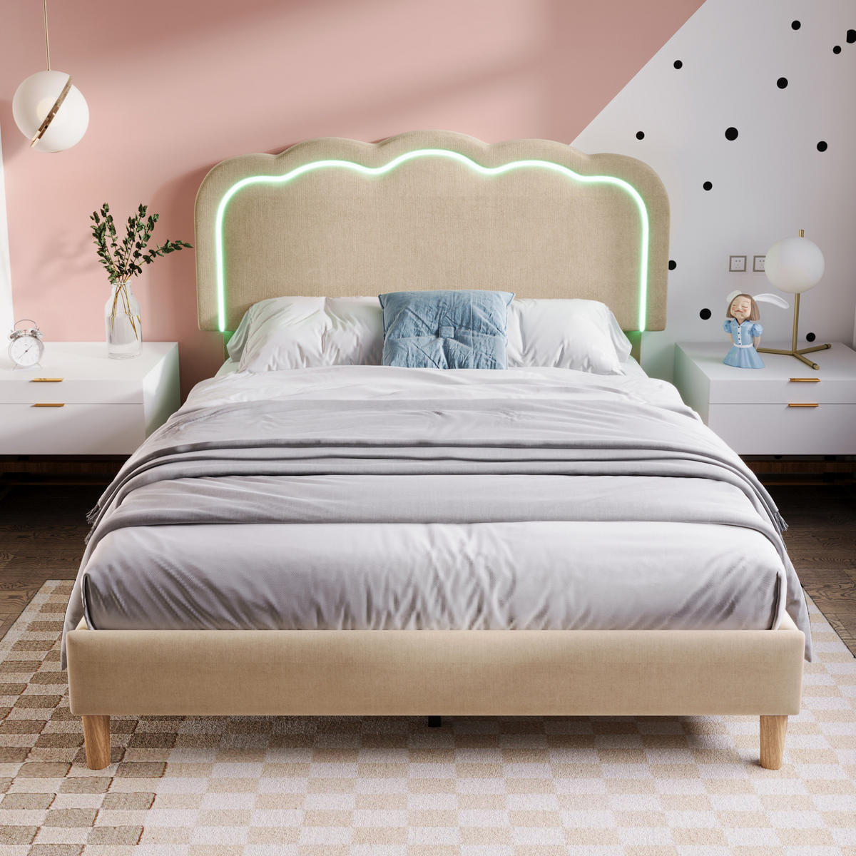 POLSTERBETT 140/200 cm aus Leinen mit LED-Kopfteil Beige - Beige, Textil (140/200cm) - Modenvie