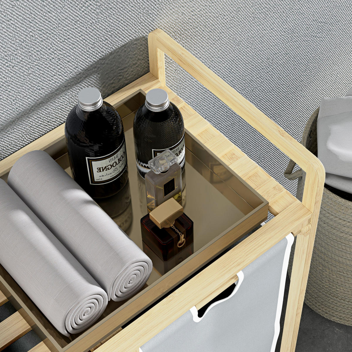 WÄSCHEKORB Bambus Polyester Natur+Creme - Creme/Naturfarben, Naturmaterialien (33/73/63.5cm) - HOMCOM