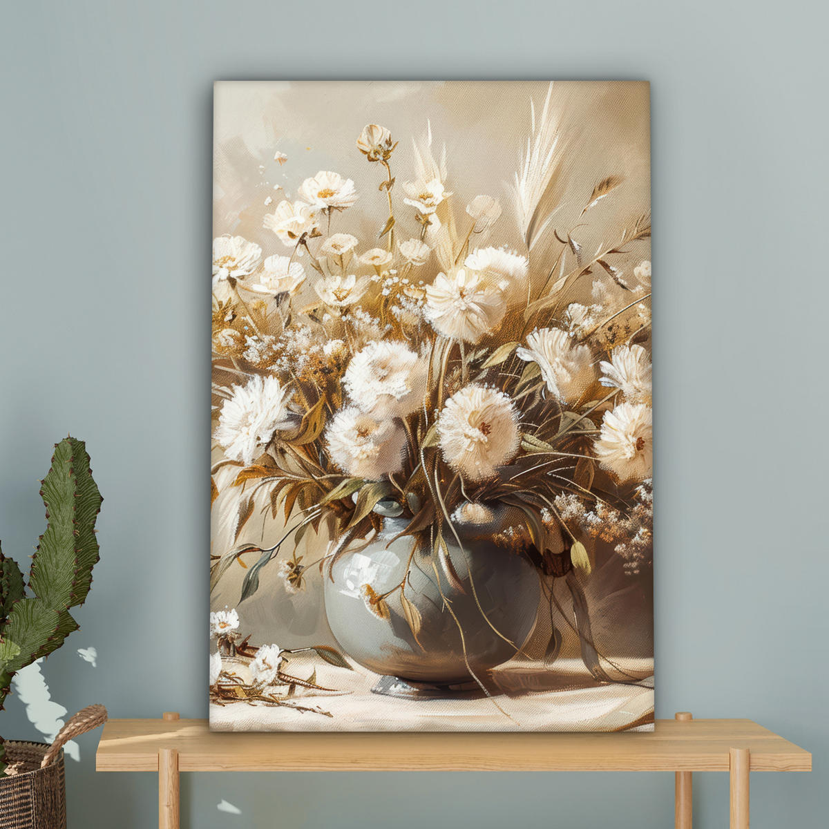 LEINWANDBILD Blumen - Vase - Stilleben - Beige Wanddeko 40x60 cm - Creme, Textil (40/60cm) - MuchoWow