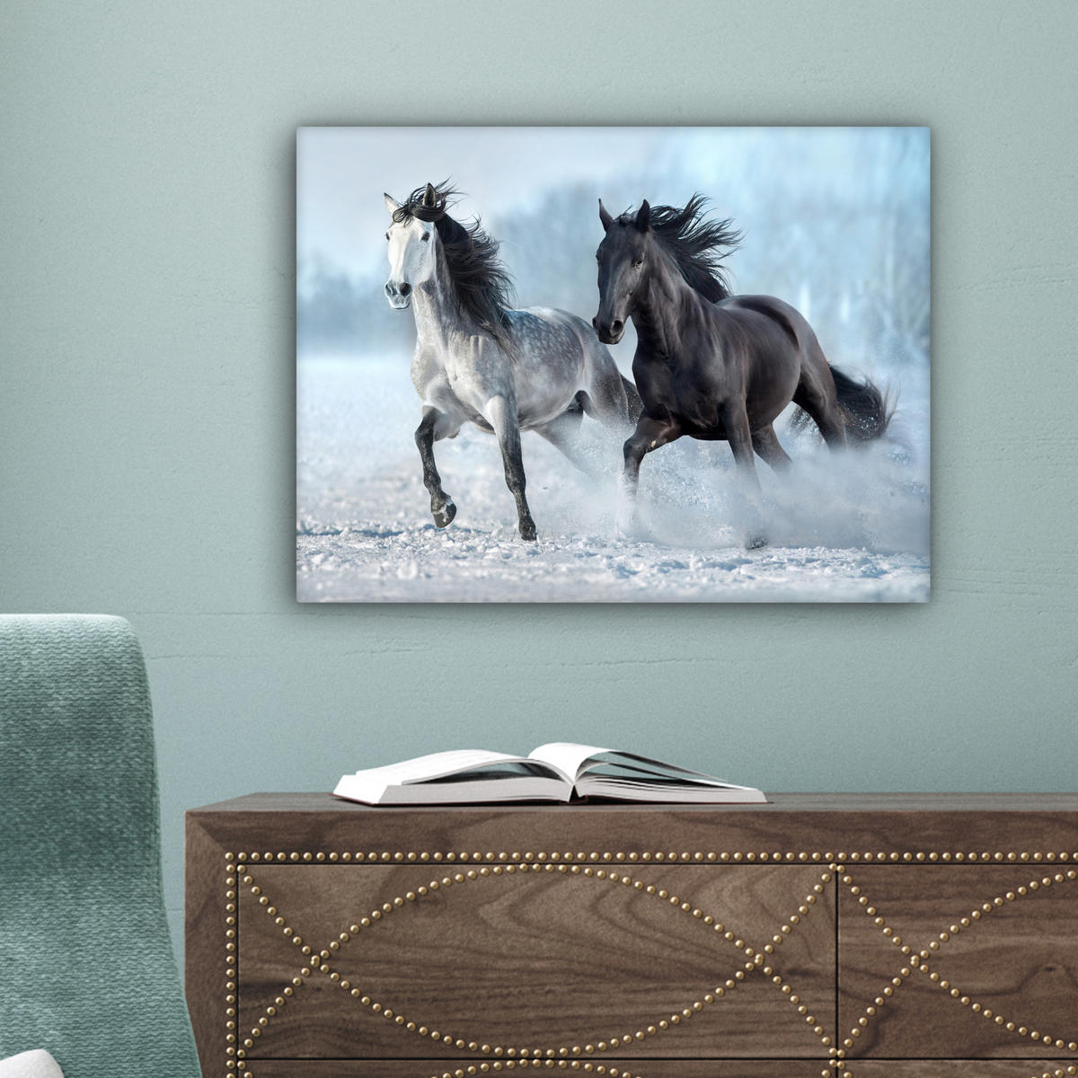 LEINWANDBILD Pferde - Winter - Tiere - Natur - Schnee 40x30 cm - Anthrazit, Textil (40/30cm) - MuchoWow