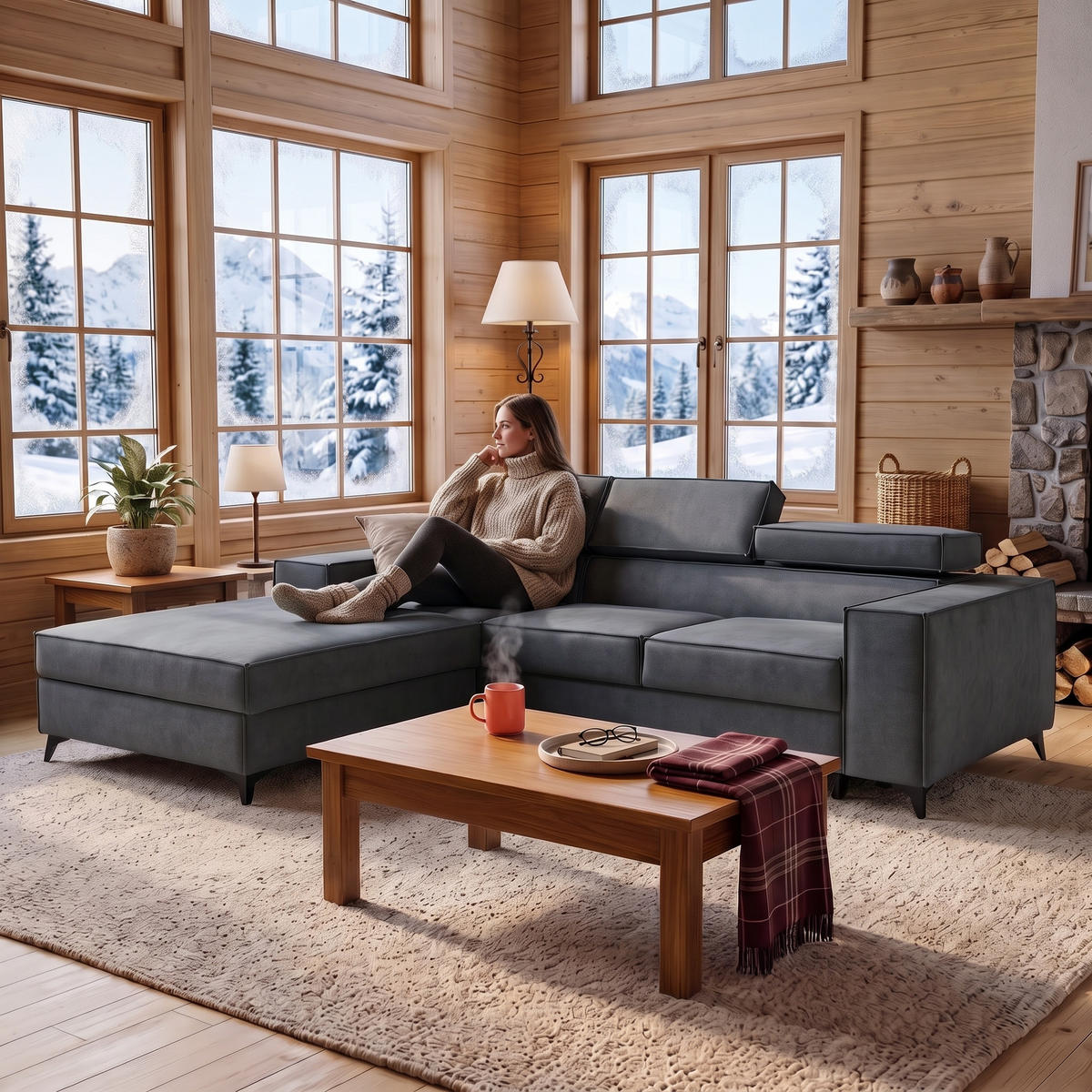 ECKSOFA PURE S Links mit Schlaffunktion 127x215 Velours Grau - Schwarz/Grau, Holz/Textil (281/204cm) - Muffo
