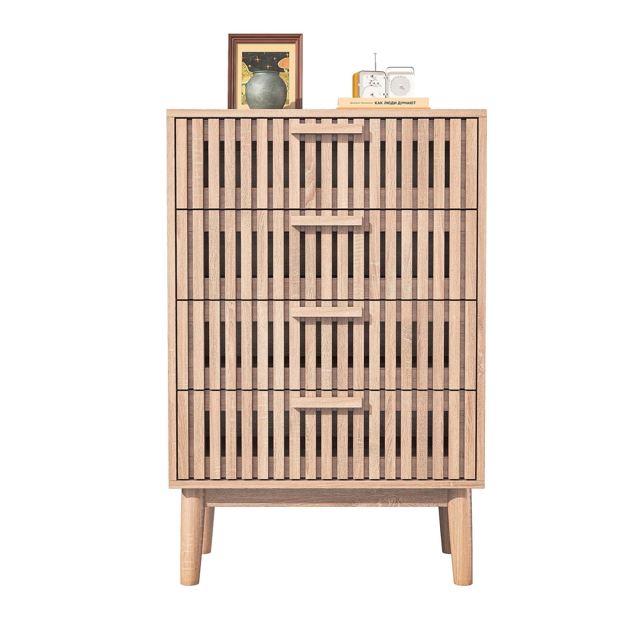 KOMMODE mit Rillenfront, 4 Schubladen Stauraum, Eiche hell, 34/60/91cm - Eichefarben, Holz (60/91/34cm) - Joyfair