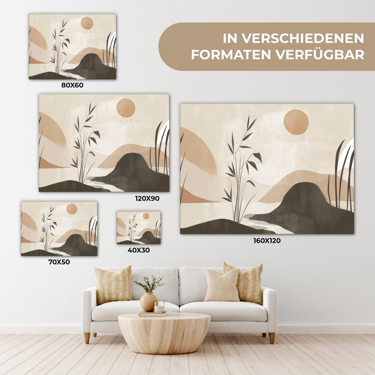 LEINWANDBILD Japandi - Landschaft - Beige Wandbilder 80x60 cm - Cognac, Textil (80/60cm) - MuchoWow