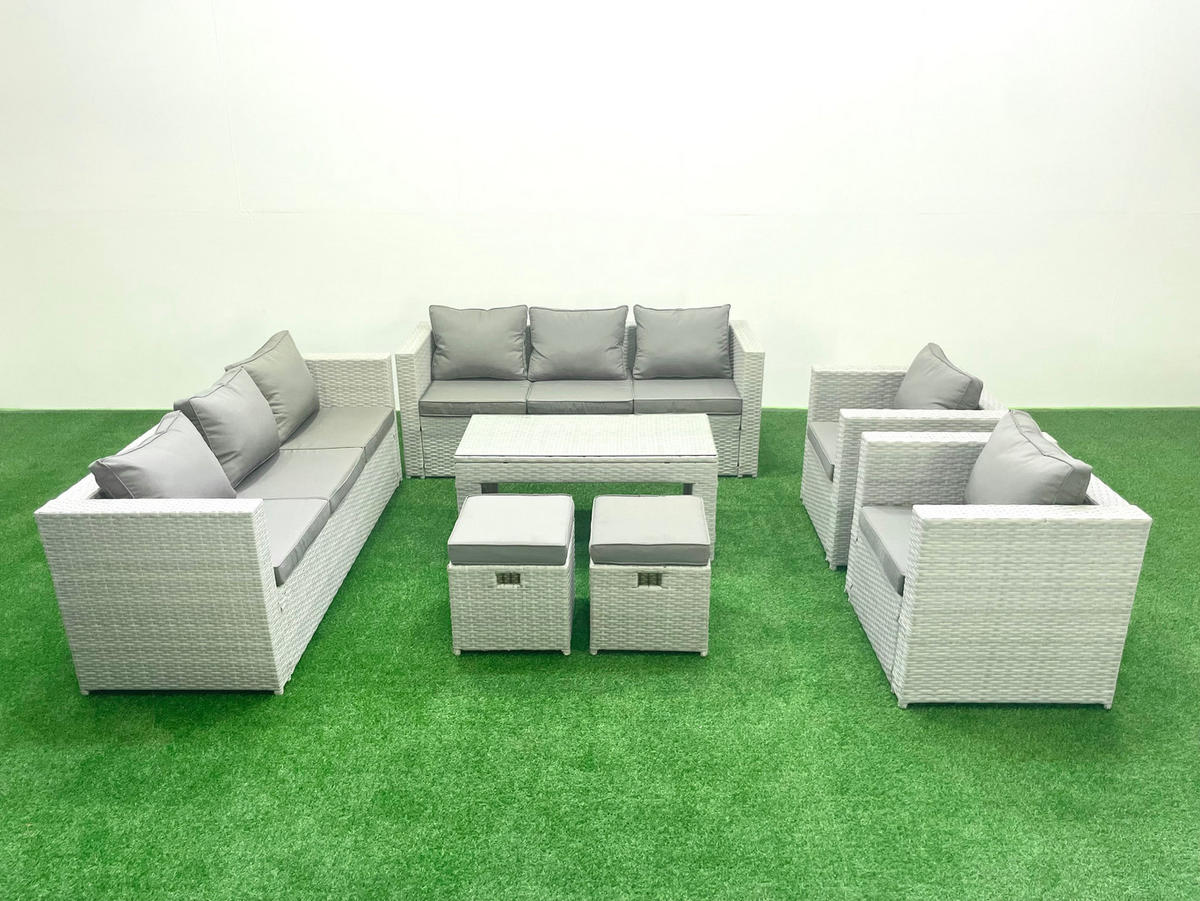 GARTENSOFA hohe Rückenlehne Polyrattan Hellgrau-Mix 10-Sitzer - Hellgrau/Grau, Glas/Kunststoff - Fimous