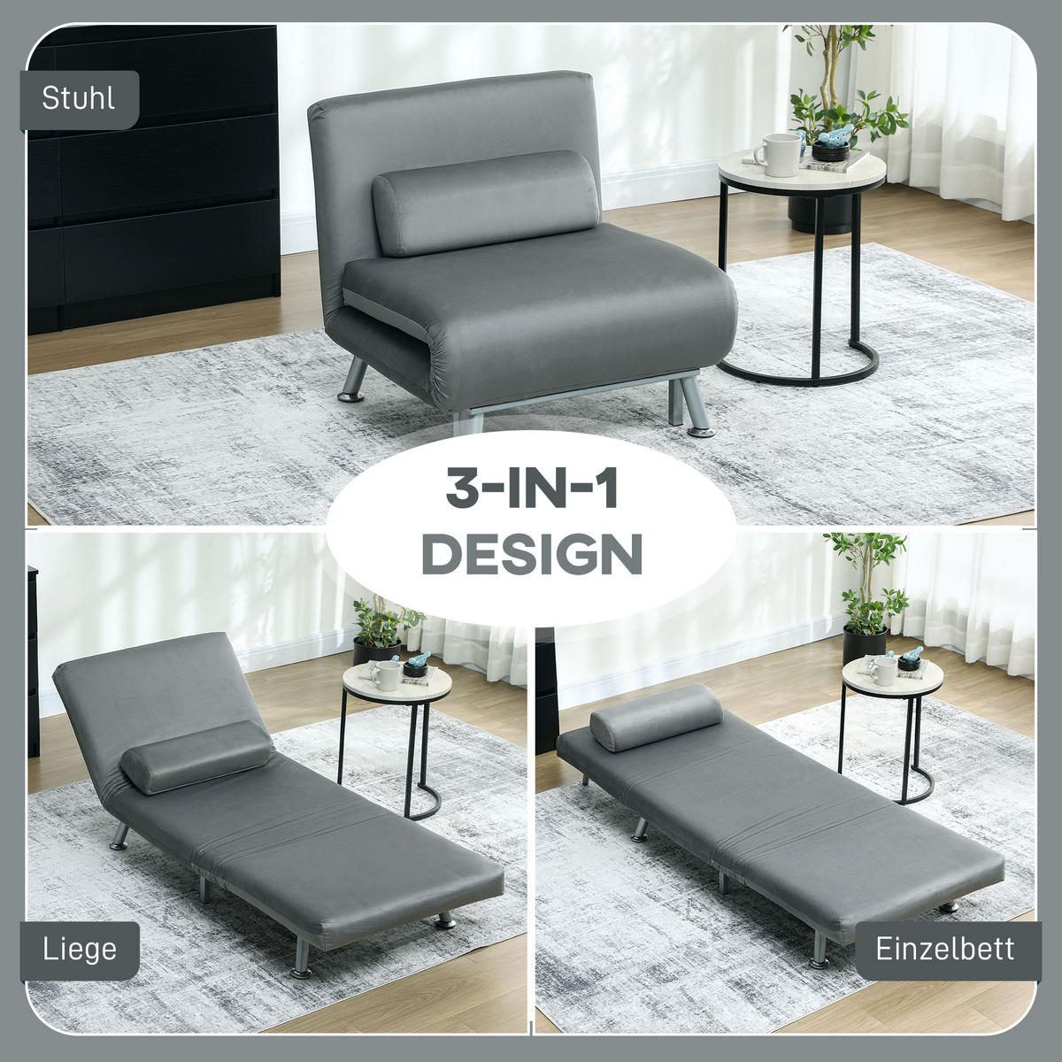 KLAPPBAR Schlafsessel Schlafsofa Klappmatratze Bett Gästebett Grau - Silberfarben/Grau, Textil/Metall (70/75/75cm) - HOMCOM