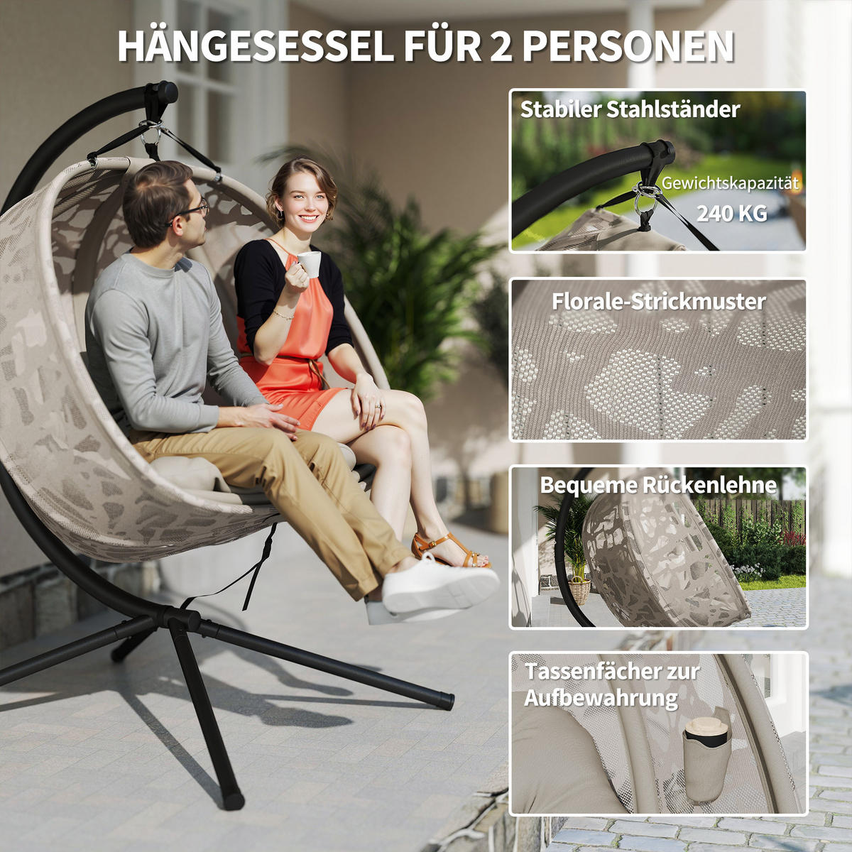 HÄNGESESSEL FÜR 2 PERSONEN DE-07052 klappbarer Sitzkorb, großes Kissen Sand - Sandfarben, Textil/Metall (103/172/130cm) - ComfortXL