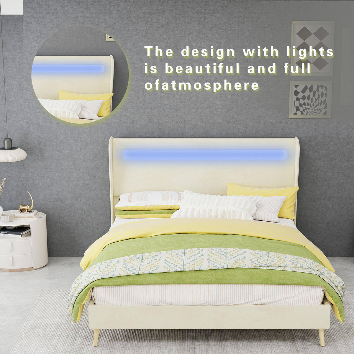 POLSTERBETT 140/200 cm DE-35471 mit LED-Kopfteil Beige - Beige, Metall (140/200cm) - ComfortXL