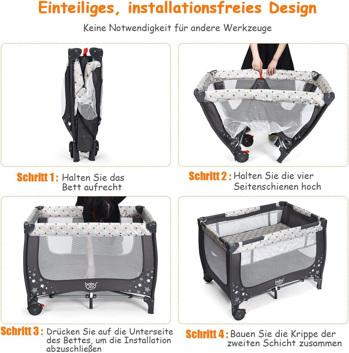 BABYBETT 2 in 1 Reisebett klappbar Grau - Grau, Textil - COSTWAY