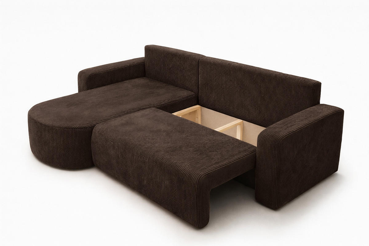 ECKSOFA Mit Schlaffunktion, Cordstoff Poso, Braun, Links, ROUND ONE XL - Braun, Holz (271/175cm) - Kaiser Möbel