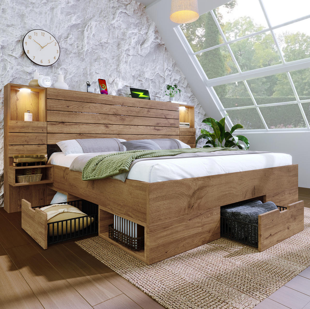 BETT 160/200 cm mit USB, LED und Stauraum inkl. Matratze in Eiche - Eichefarben, Holzwerkstoff (160/200cm) - BEAOK