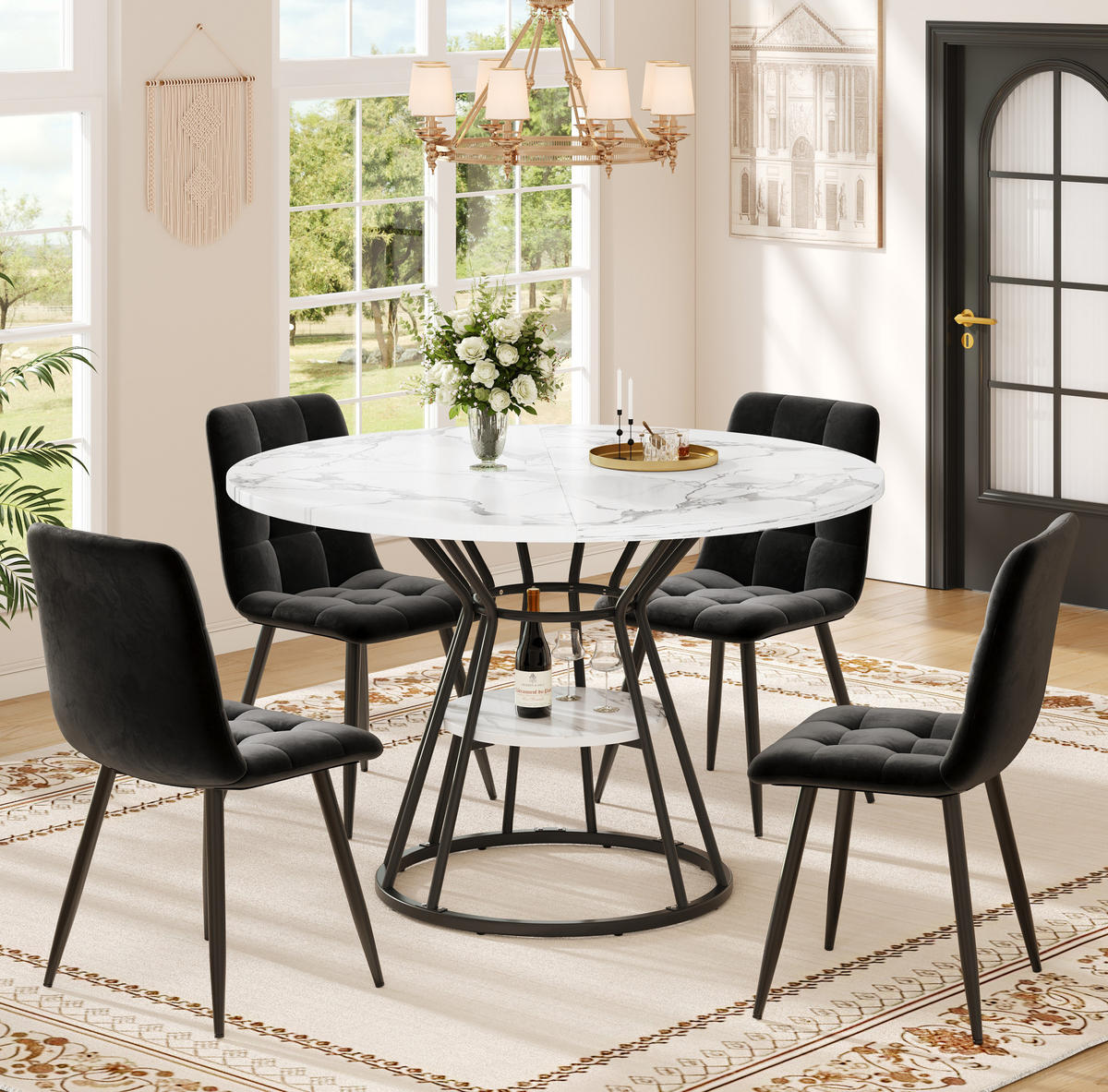 ESSTISCH 100/100/76 cm schwarz mit Ablage und verstellbaren Füßen aus MDF und Metall - Schwarz, Holzwerkstoff (100/100/76cm) - OKWISH