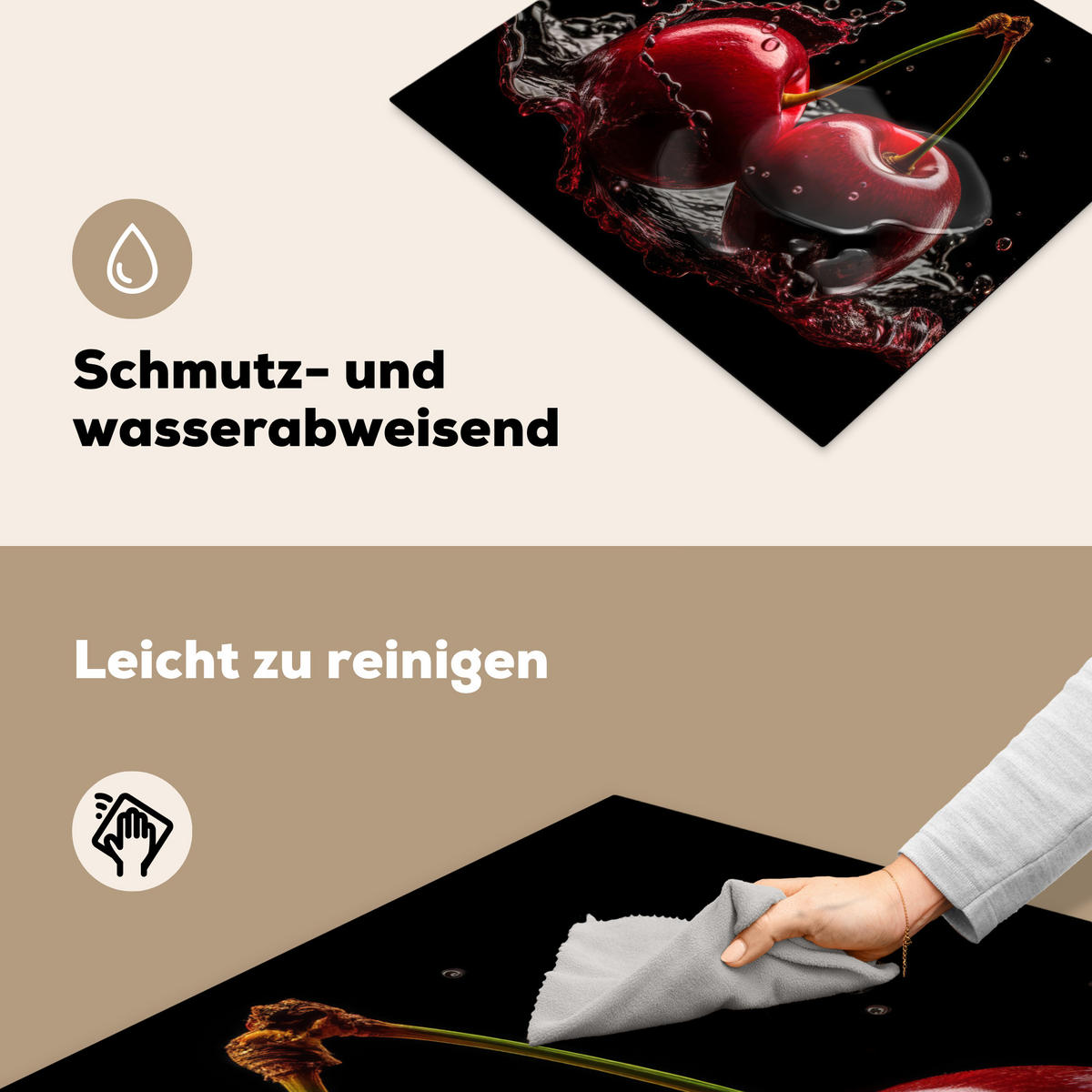 HERDABDECKPLATTE Kirsche - Rot - Frucht - Wasser - Schwarz 58x51 cm - Kirschrot, Kunststoff (58.3/0.2/51.3cm) - MuchoWow