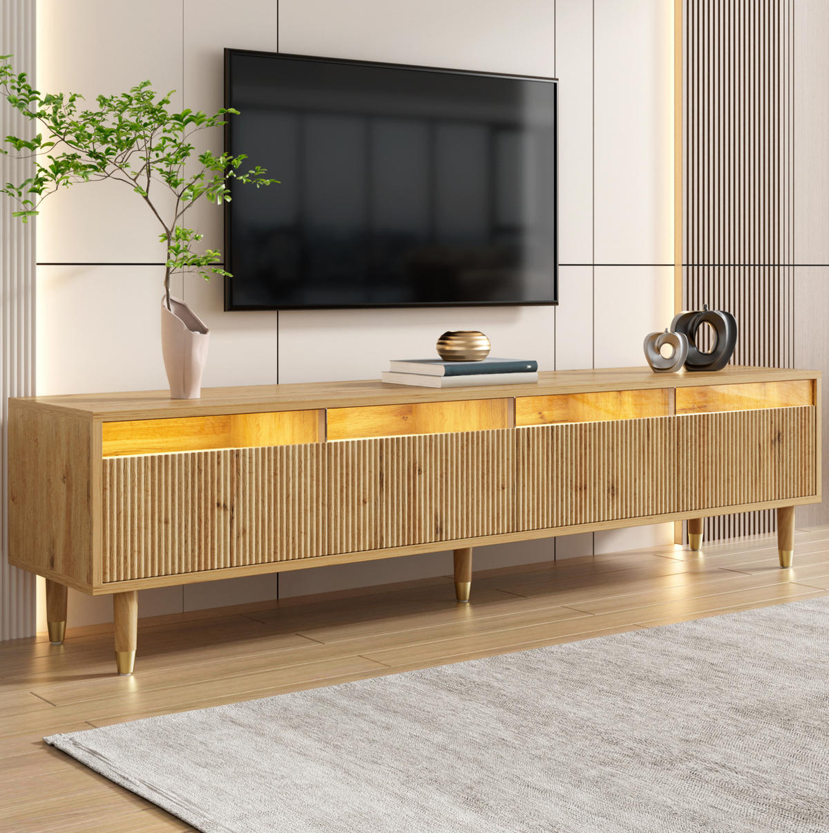TV-SCHRANK 178/35/45 cm Holzoptik mit 4 Schubladen aus MDF und Acryl, minimalistisches Design - Naturfarben, Holzwerkstoff (178/45/35cm) - OKWISH
