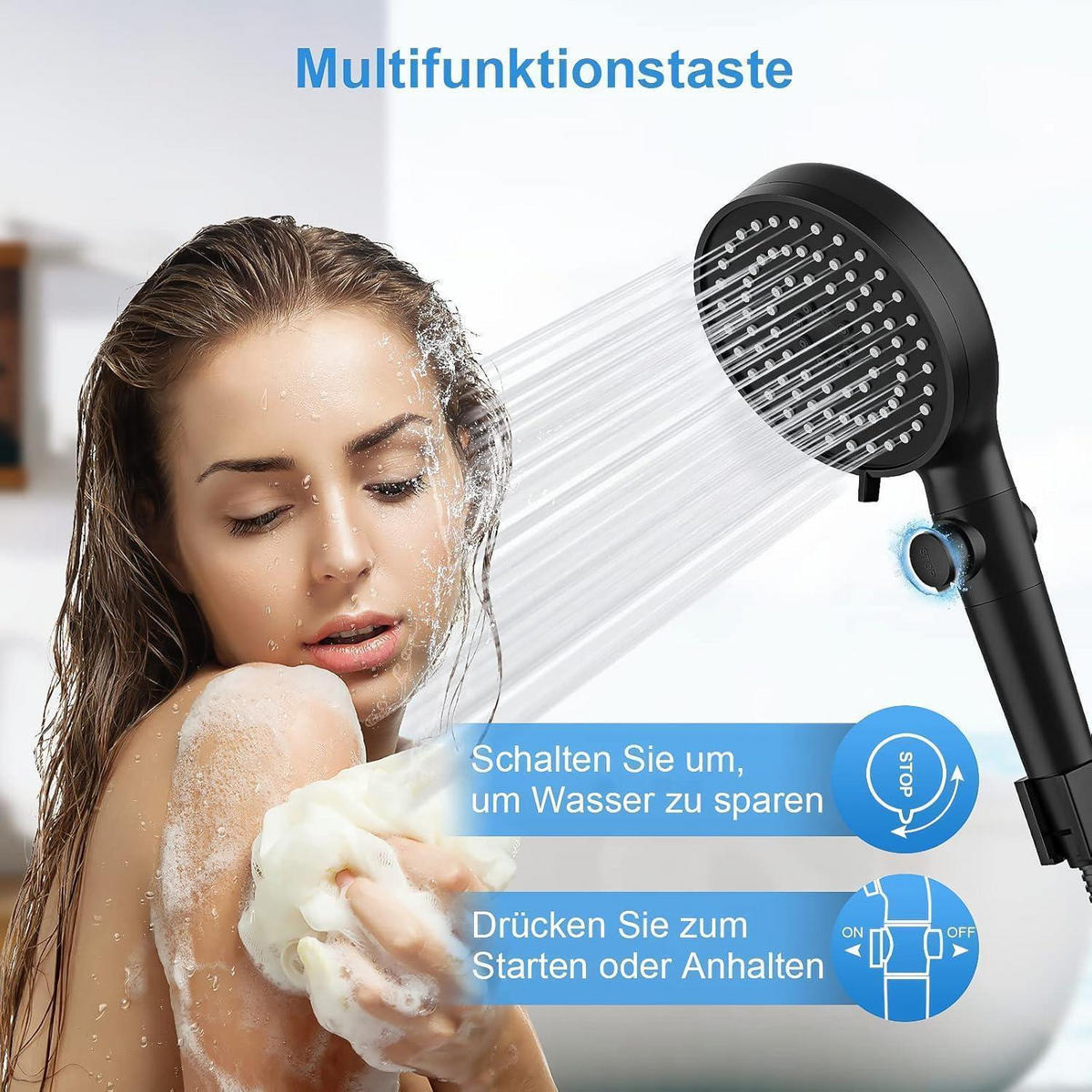 DUSCHKOPF Schwarz mit 5 Strahleinstellungen und Wassersparfunktion - Schwarz, Kunststoff (13.5/12.7/24cm)