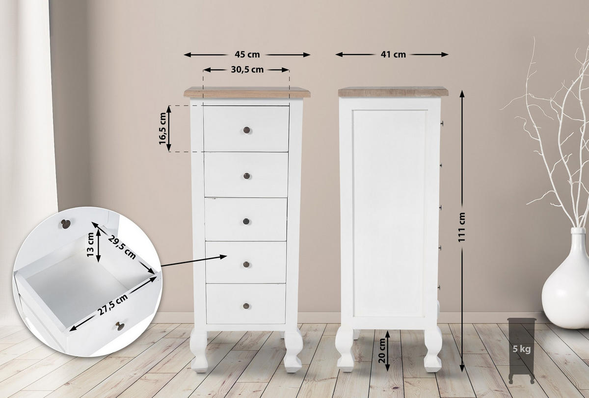 KOMMODE eckig 45/41/111 cm Holz natura/weiß - Eukalyptusholzfarben/Weiß, Holz (45/111/41cm) - CLP