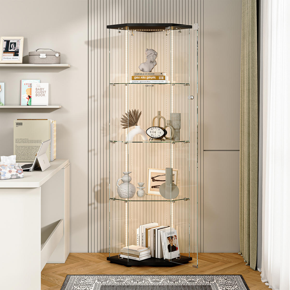 VITRINE Glas, 4 Ebenen, LED Band, 1 Tür, Eckvitrine, freistehend, schwarz - Schwarz, Glas (60/160/40cm) - EuroLiving