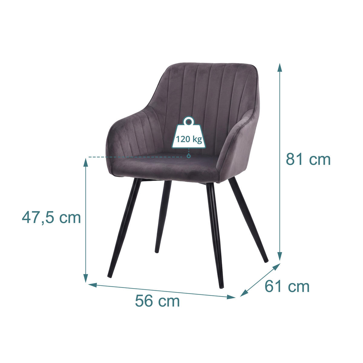 ESSZIMMERSTUHL Anthrazit 2er-Set Samt Metall - Anthrazit, Holz/Textil (56/81/61cm) - Relaxdays