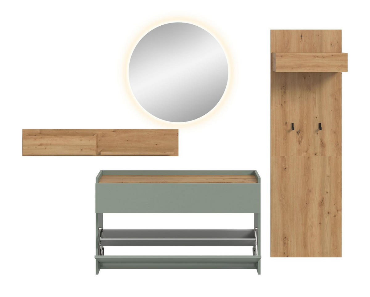 GARDEROBE Flow (B/H/T: ca. 205/197/32 cm) 4 tlg. in Salbei/Salbei - Salbeigrün, Holzwerkstoff (205/197/32cm) - Homes & Jones
