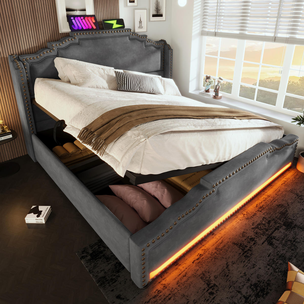 POLSTERBETT 160/200 cm Grau mit hydraulischem Stauraum und LED-Beleuchtung - Grau, Textil (160/200cm) - OKWISH