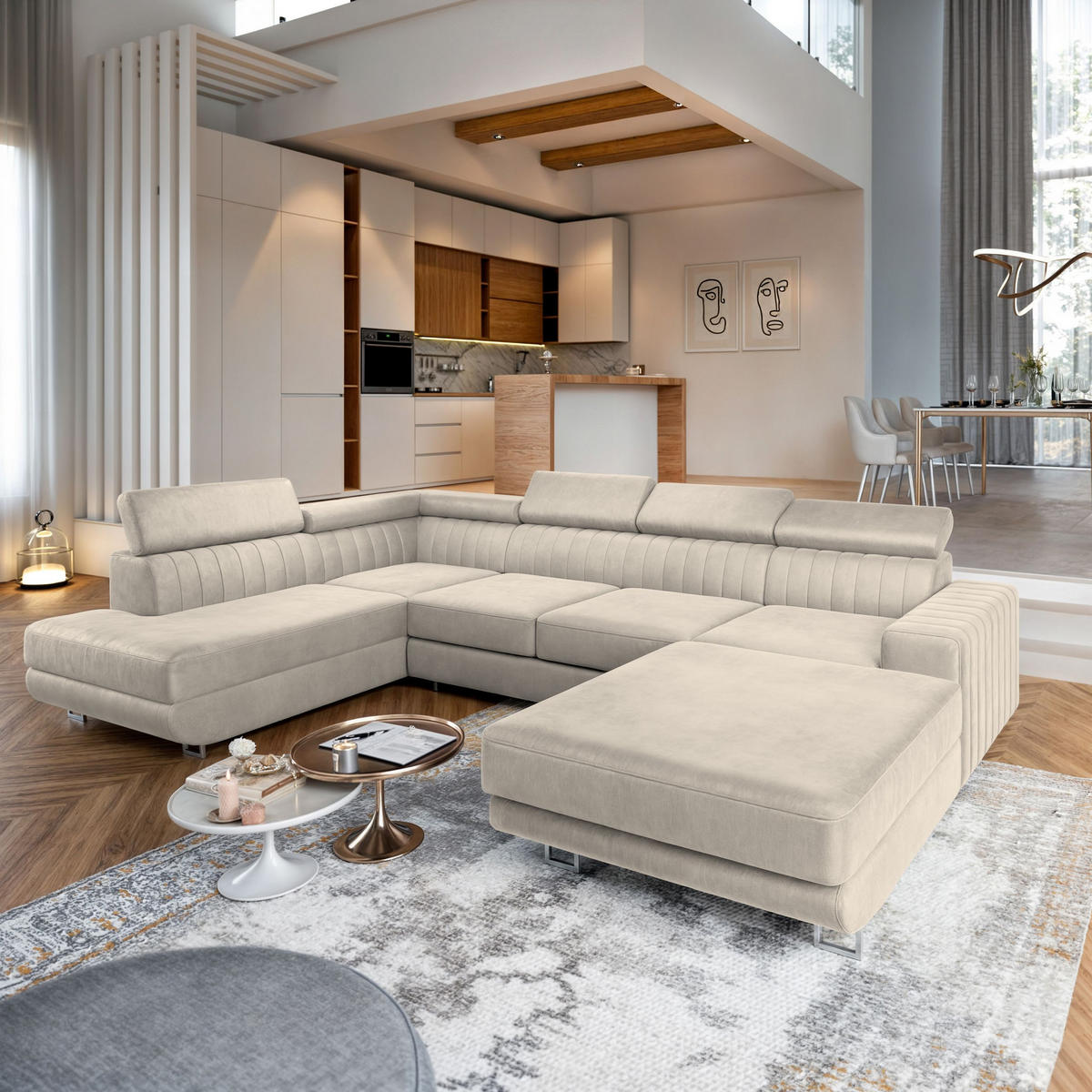 WOHNLANDSCHAFT SIENA L-S Creme Velours-Stoff mit Schlaffunktion - Creme, Holz (335/89/190cm) - MASSENO