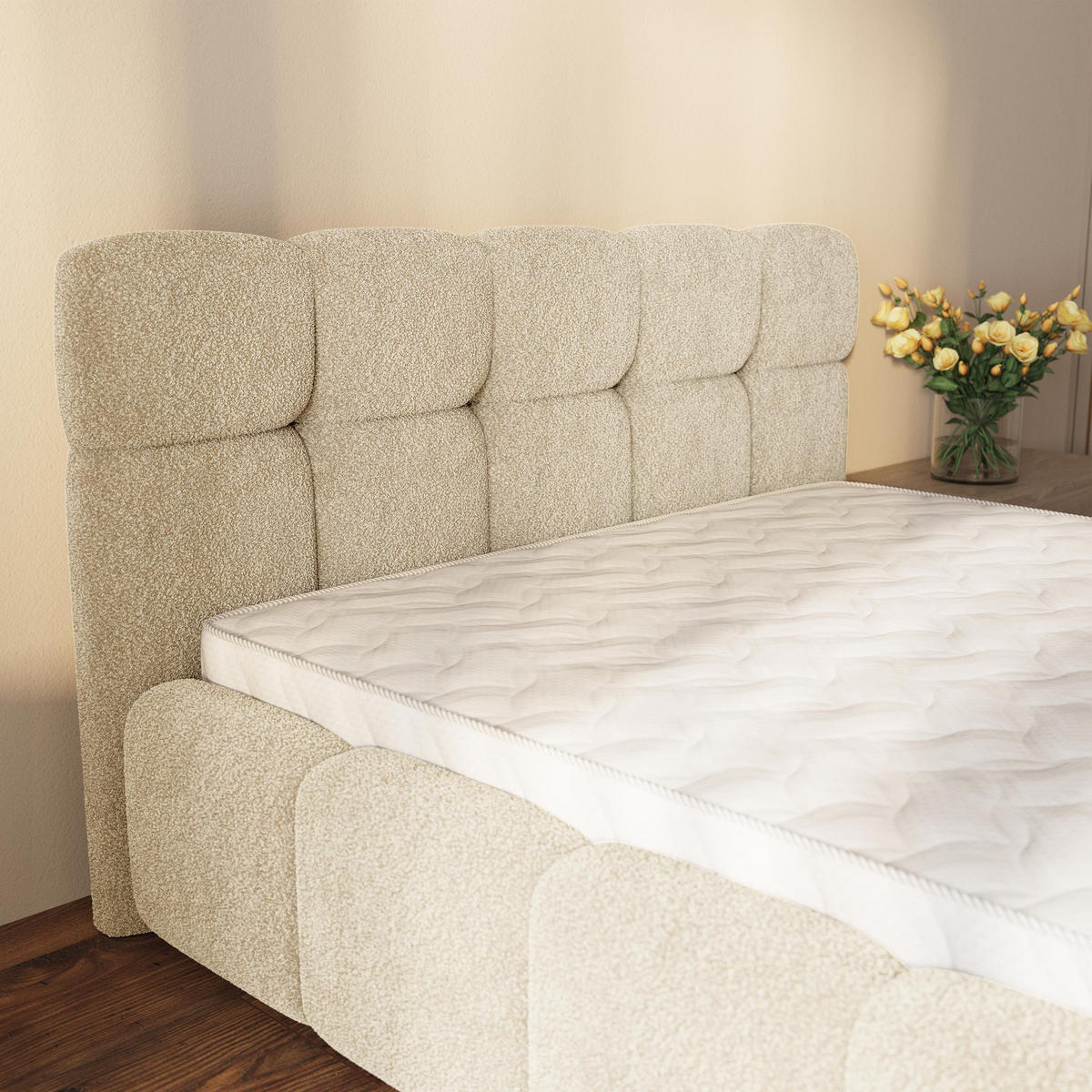 ČALOUNĚNÁ POSTEL ELIZJA 180x200 cm, s úložným prostorem, Krémová - QUELLE 02 - krémová, dřevo/textil (180/200cm) - MASSENO