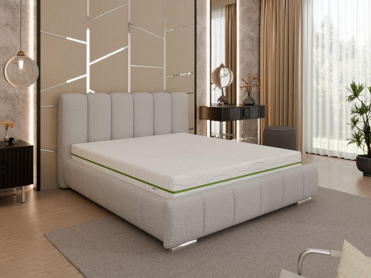 POLSTERBETT ZAIRA 160 x 200 cm mit Bettkasten und Lattenrost, 7-Zonen-Taschenfederkernmatratze CIRA (24 cm) – Dunkelbeige - Sandfarben, Holz (140/206cm) - Panda Möbel