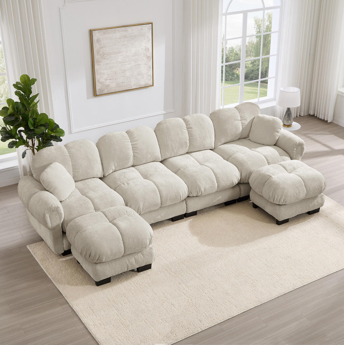 SOFA in U-Form mit 2 mobilen Ottomane Chenille Light Khaki - Hellbraun, Holz (149/90/330.1cm) - Meubliv