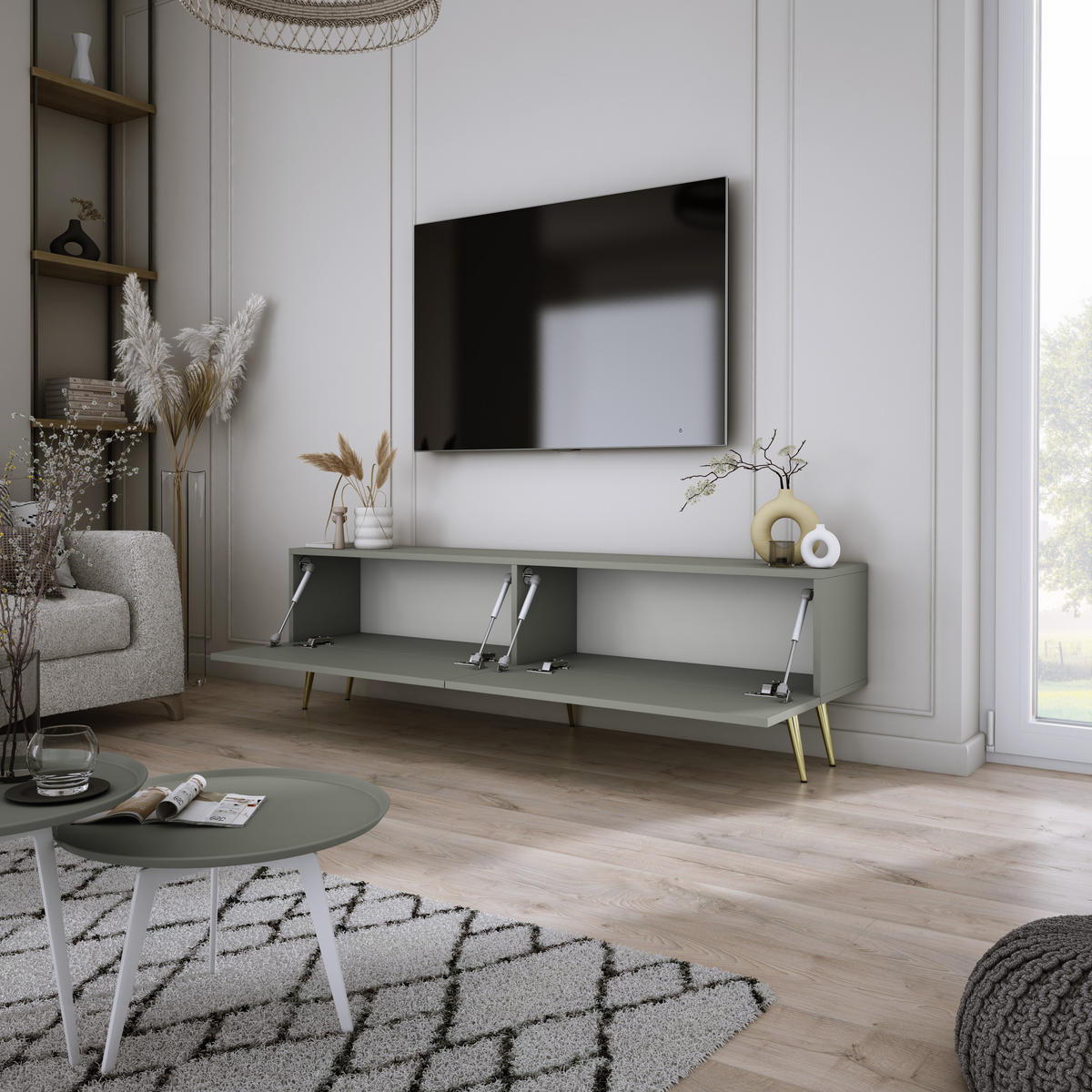 TV-SCHRANK : Aloe, 140 x 52 x 32 cm, Goldene Beine - Goldfarben/Grün, Holzwerkstoff/Metall (140/52/32cm) - 3XE LIVING