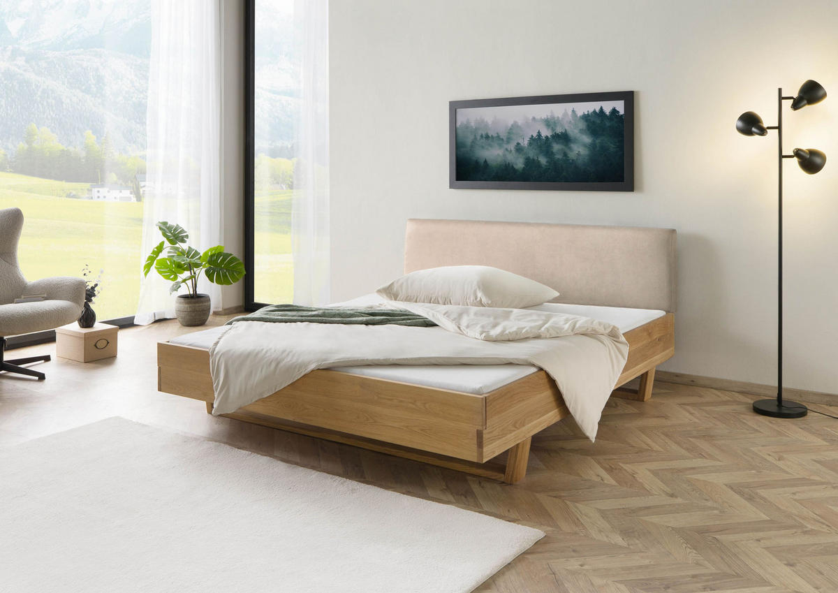 HOLZBETT Fichte 200x200x85 natur gebeizt / geölt, Kopfteil beige FICHTELBERG #140 - Beige/Braun, Holz (200/200cm) - Massivmoebel24