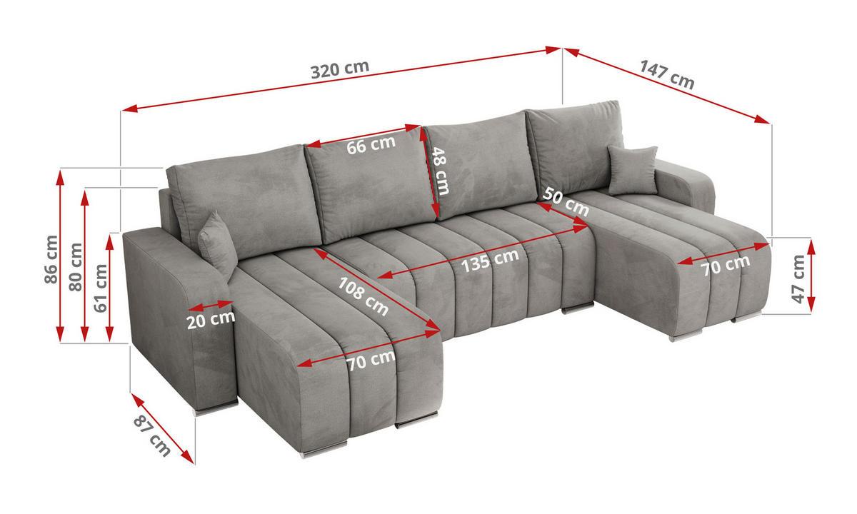 WOHNLANDSCHAFT KIRASSO U Hellgrau Velvet - Hellgrau/Grau, Textil/Metall (320/86/147cm) - MKS
