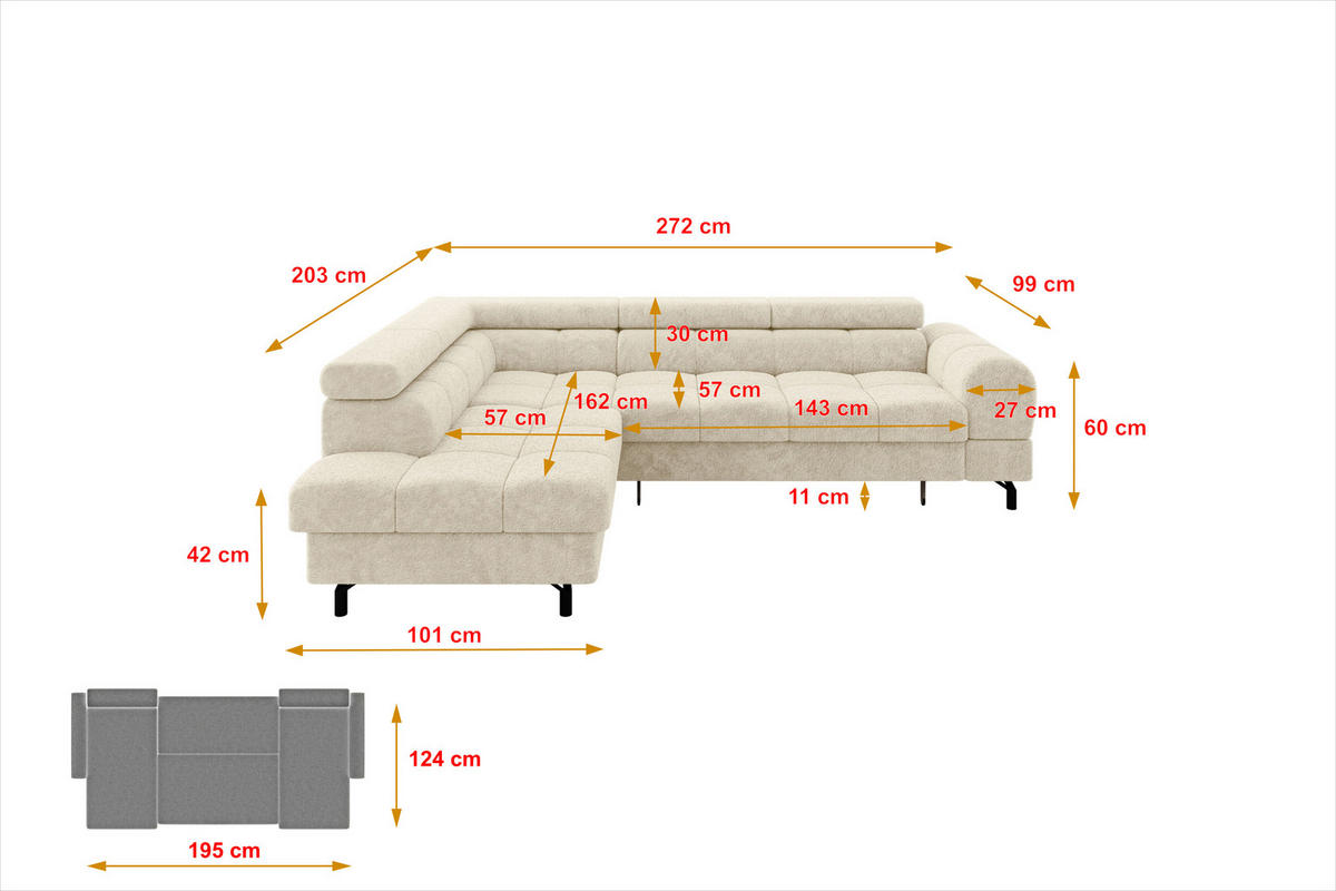 ECKSOFA mit Schlaffunktion Ottomane Links LUMA-L 272x203x70 Creme Velours - Creme/Schwarz, Holzwerkstoff/Kunststoff (272/203cm) - ALTDECOR