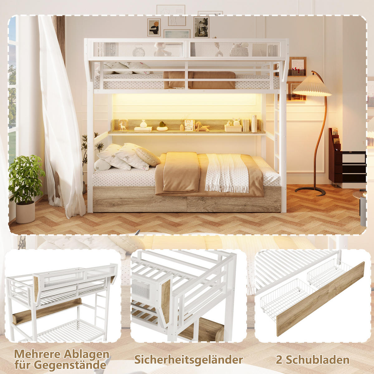 ETAGENBETT 90/200 cm in Weiß mit LED, 2 Schubladen und Aufbewahrungskorb - Weiß, Holzwerkstoff/Metall (90/200cm) - WISHDOR