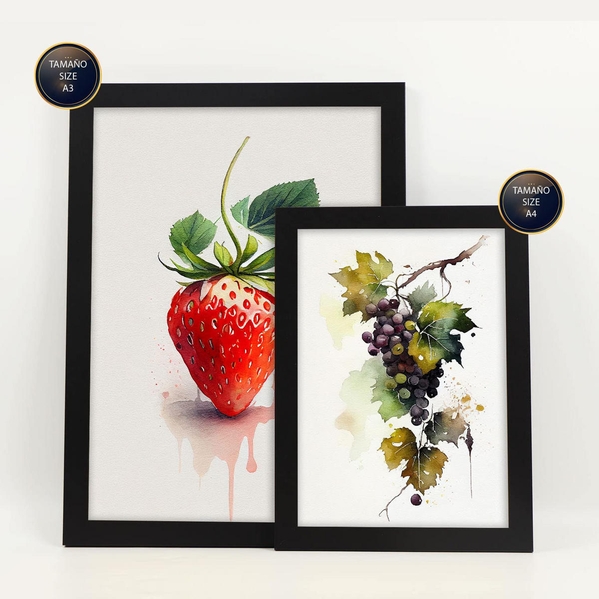 POSTER Set Mit 6 Lebendige Früchte Plakate Von Obst Gemüse & Gesunden Lebensmitteln Im Aquarell Kunst Auf Reinweißen A3 & A4 Schwarzer Rahmen - Schwarz, Papier (29/3cm) - Nacnic
