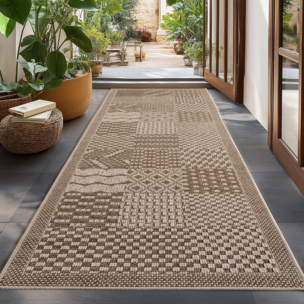TEPPICH In-/Outdoor Flachgewebe Karomuster Polypropylen Küche Beige Läufer 80x150 - Beige, Textil (80/150cm) - KADIMA DESIGN