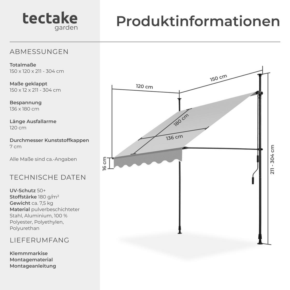 KLEMMMARKISE ,einfache Montage,hellgrau - Hellgrau, Kunststoff (150/304/180cm) - tectake