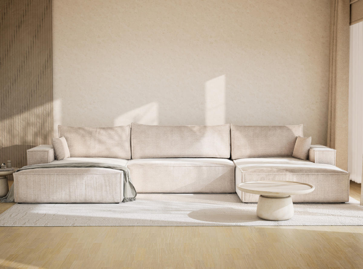 WOHNLANDSCHAFT Kyoto Creme Chenille-Stoff - Creme/Schwarz, Holz/Holzwerkstoff (398/70/148cm) - Maison de Reve