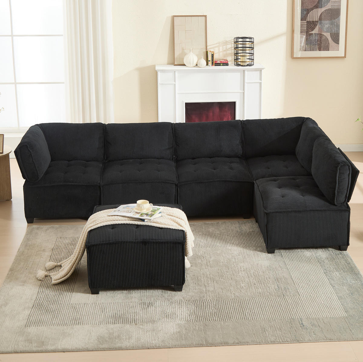 SOFA modular 308 x 154 cm Cord Black 6-Sitzer - Schwarz, Kunststoff (154/82/308cm) - Meubliv
