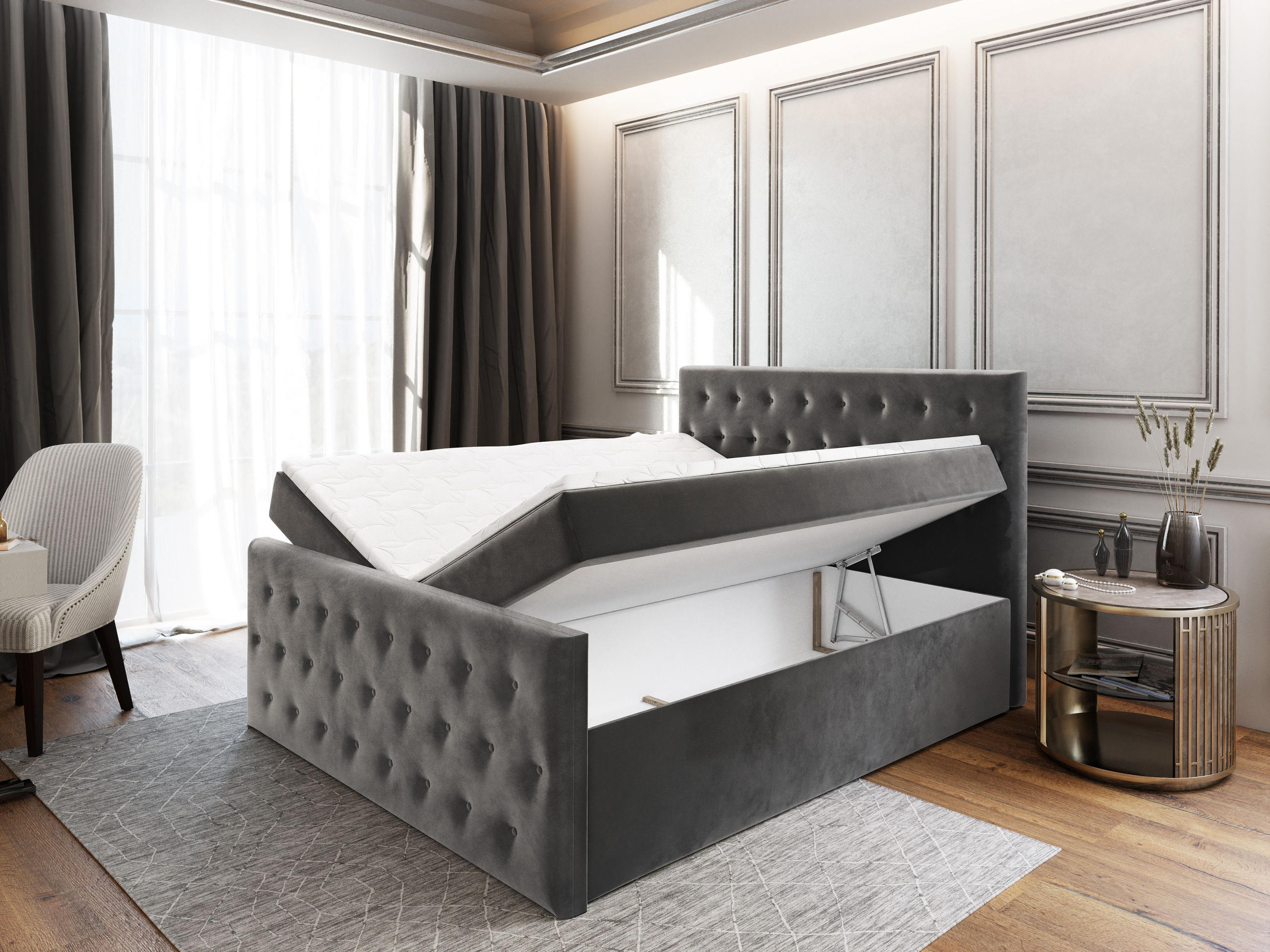 Thumbnail - Masseno Boxbett, Hellgrau, Holz, H2 + H3, 180x200 cm, Schlafzimmer, Betten, Boxspringbetten