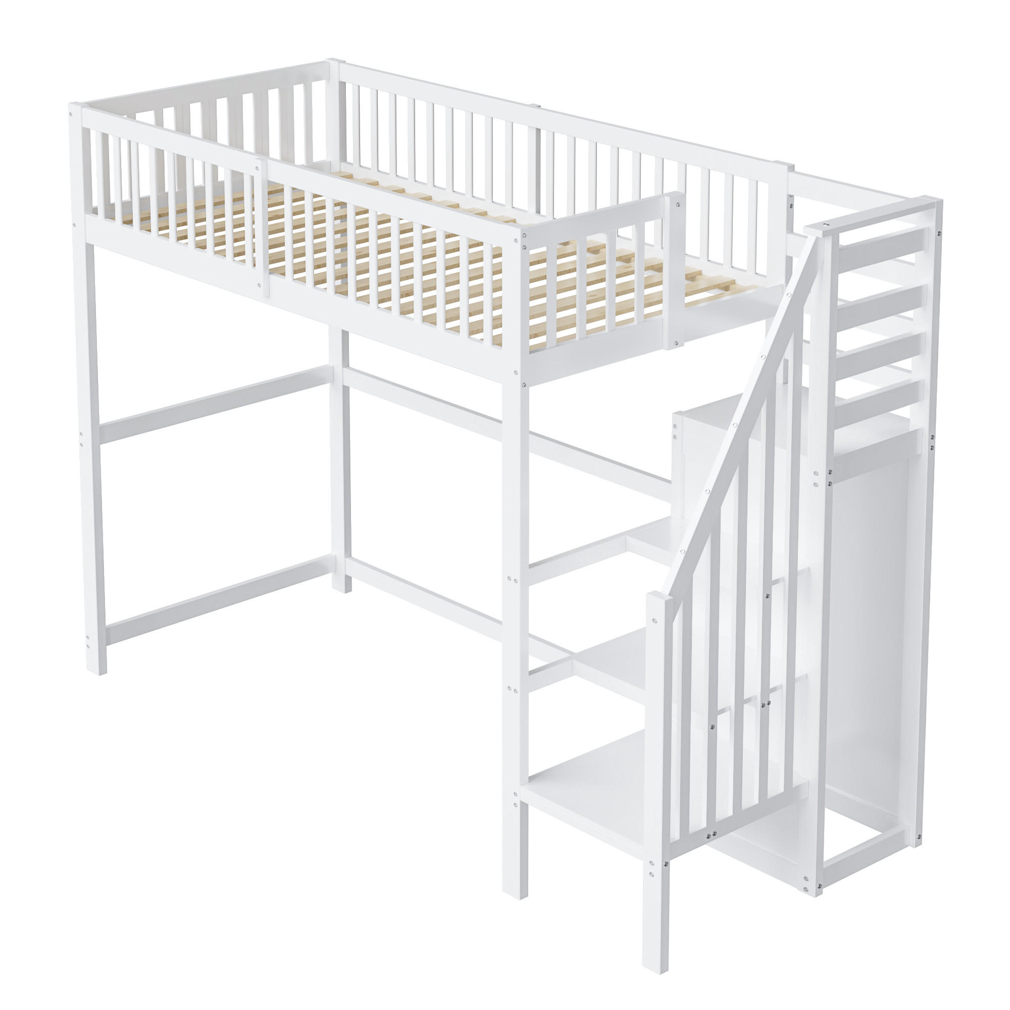 HOCHBETT 90/200 cm DE-01302, in Weiß, mit Treppe, Kleiderschrank und Regal - Weiß, Holz (90/200cm) - ComfortXL