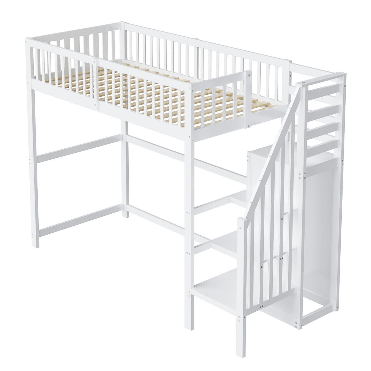 HOCHBETT aus Holz 90x200 cm in Weiß mit Treppe & Kleiderschrank - Weiß, Holz (90/200cm) - Modfu
