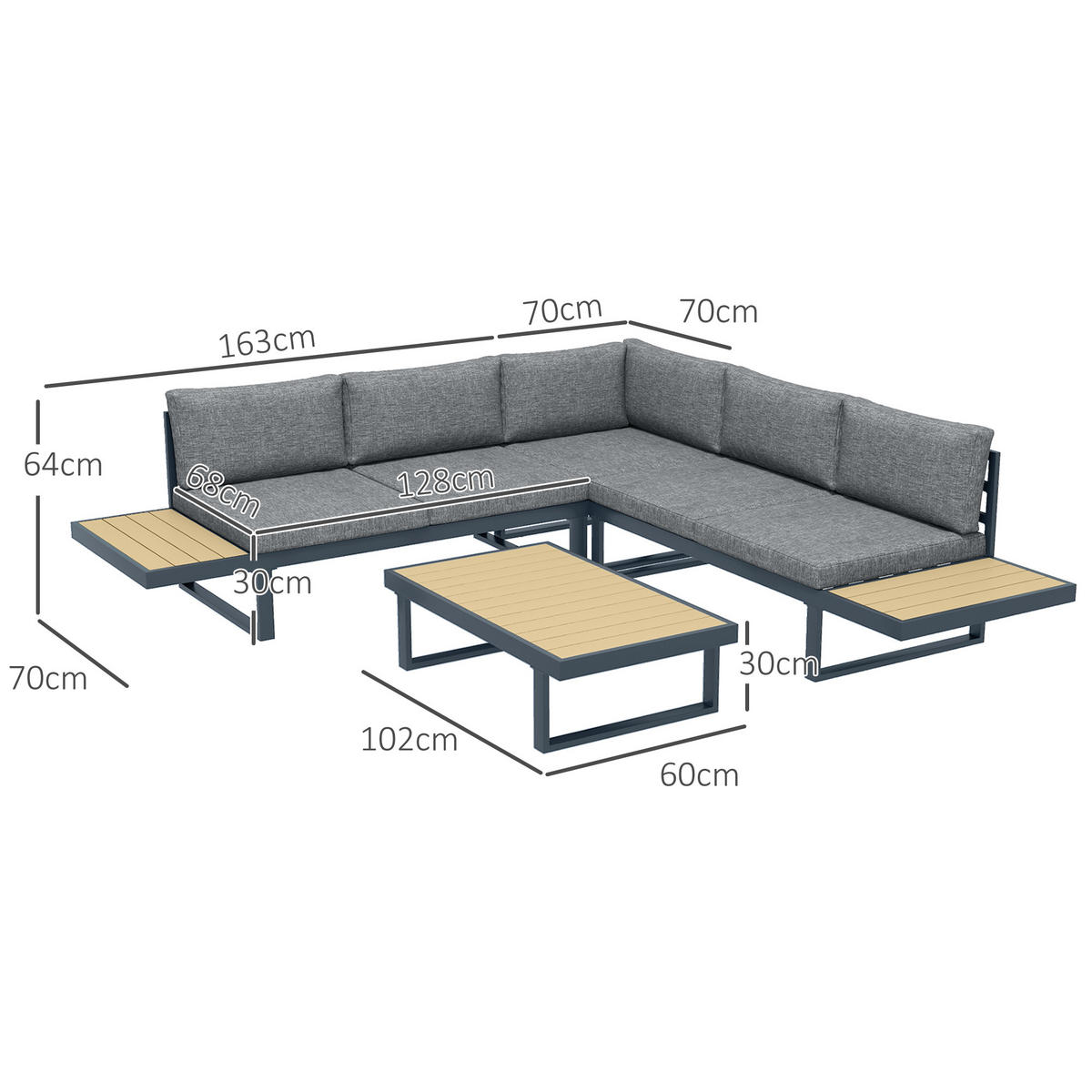 LOUNGEGARNITUR 5 Sitzplätze DE-13401 Aluminium & Holzoptik Anthrazit - Dunkelgrau, Metall - ComfortXL