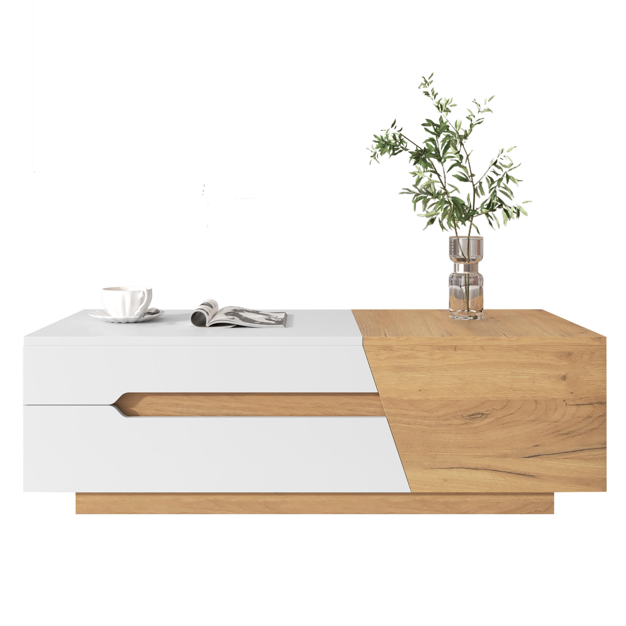 COUCHTISCH in Naturfarben und Weiß mit Schubladen und ausziehbarer Tischplatte für Wohnzimmer, B120/T50/H37,5 cm - Weiß/Naturfarben, Holzwerkstoff (50/201.5/37.5cm) - STILVORA