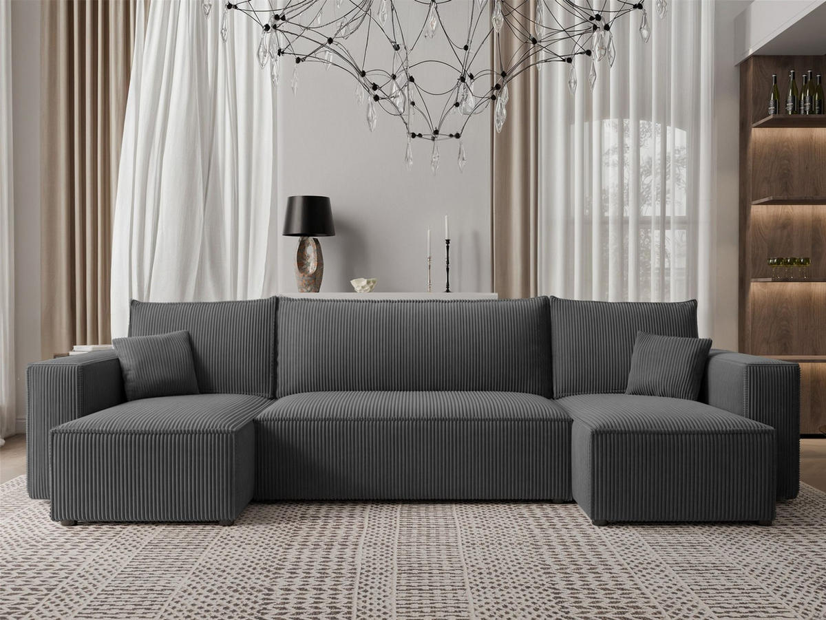 WOHNLANDSCHAFT Adara Schlaffunktion - Dunkelgrau, Holzwerkstoff/Textil (312/83/145cm) - Fun Möbel