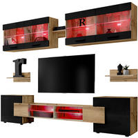 WOHNZIMMERSET Foggia, 6er-Set, Eiche Wotan, Front Hochglanz Schwarz, LED Mehrfarbige - Eiche Wotan/Schwarz, Glas/Holzwerkstoff (230/190/45cm) - Komodee