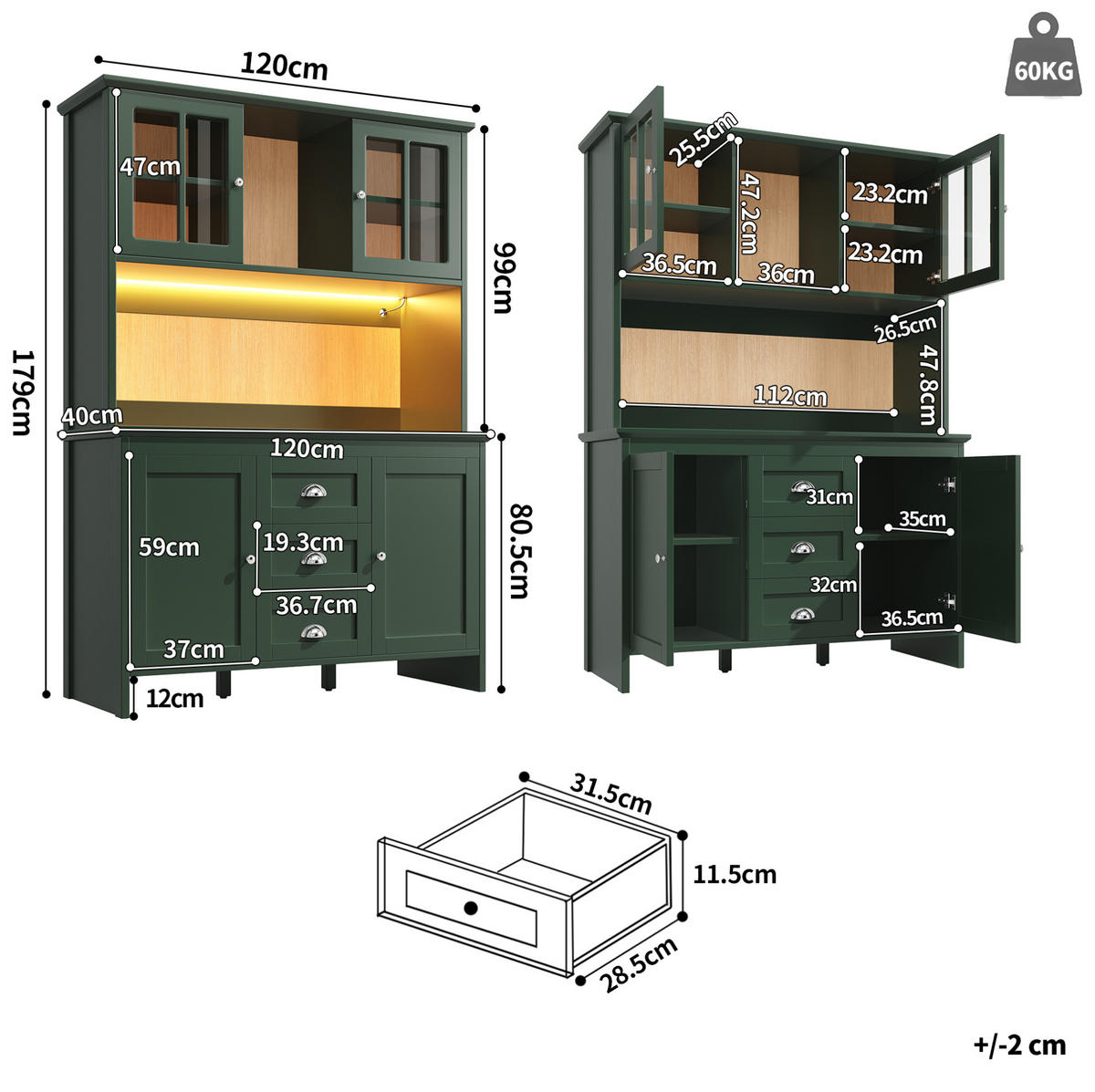BUFFET 120/40/179 cm grün aus MDF mit LED-Beleuchtung - Grün, Holzwerkstoff (120/179/40cm) - OKWISH